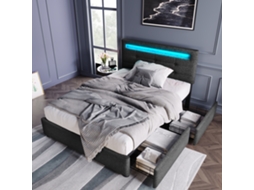 Cama Solteiro 90x200cm Led 2 Gavetas Apoio Cabeça Ajustável Cinza