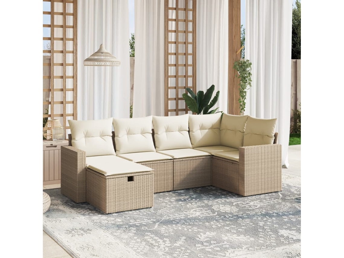 Vidaxl 6 Pcs Conjunto De Sofás P/ Jardim Com Almofadões Vime Pe Bege