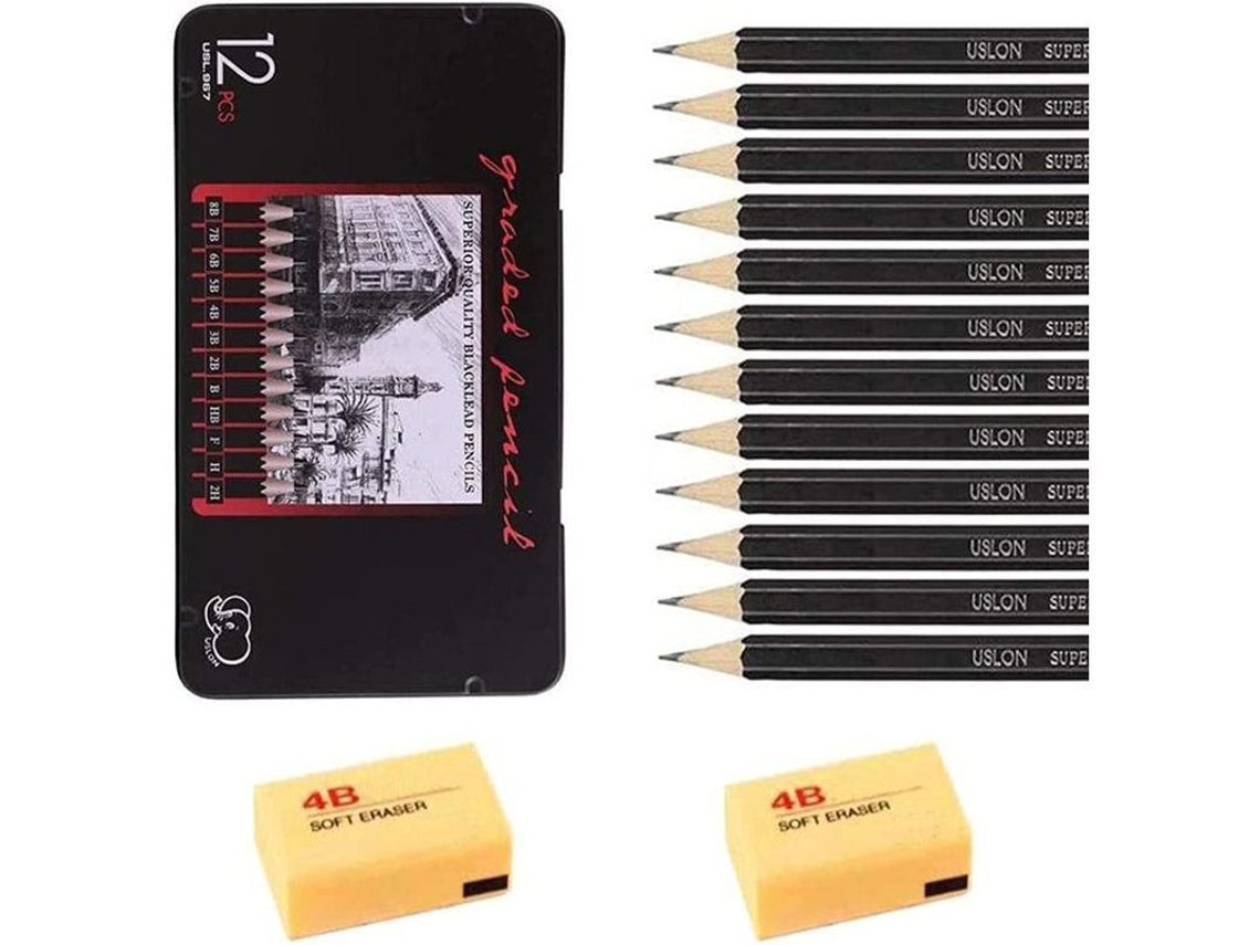 Conjunto de Lápis de Desenho Profissional com Borrachas, 12 Lápis Artísticos (8b 2h)