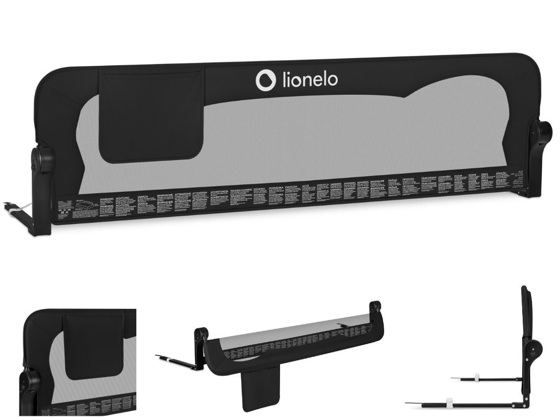 Barreira de Cama LIONELO Eva 150cm Dobrável 180° Alumínio Bolso Lateral Correias de Fixação Preto