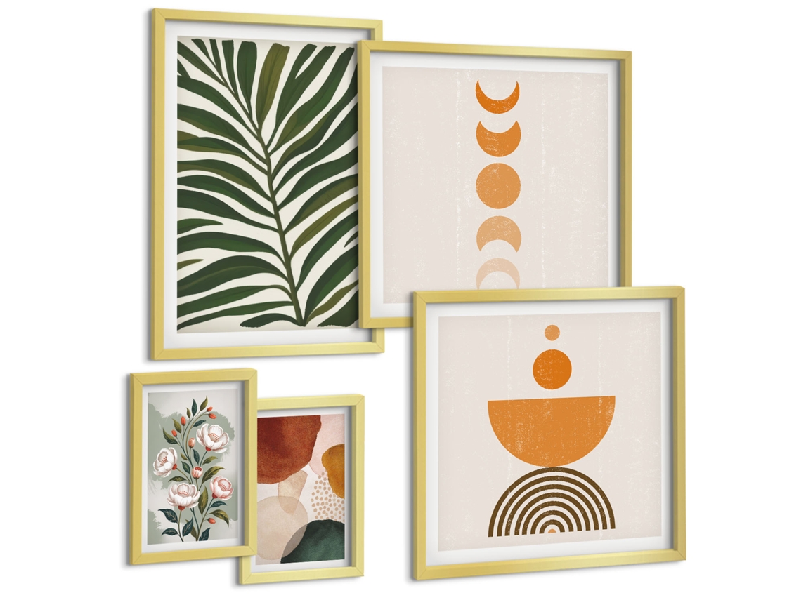 Pinturas Murais Modernas Natureza Japonesa, Cultura, Japandi Moldura Dourada Quadros Para A Sala De Estar Espelharte (conjunto De 5 Imagens)