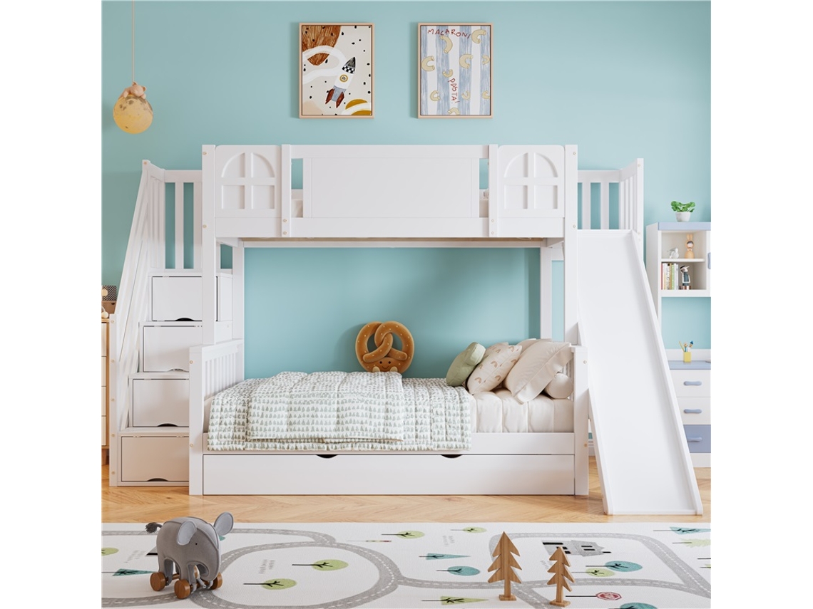 Beliche Infantil 90x200 cm com Janela Escorregador Gavetas e Escada VELTRIX