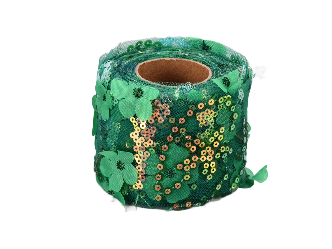 Rollo De Tul De 10 Jardas Com Flores Bordadas E Lentejuelas Para Artesanato Cor Verde Escuro