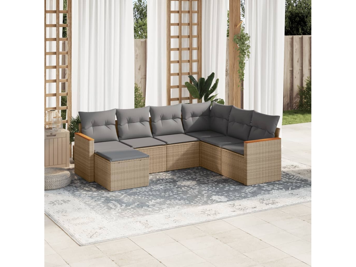 Vidaxl 7 Pcs Conjunto De Sofás P/ Jardim Com Almofadões Vime Pe Bege