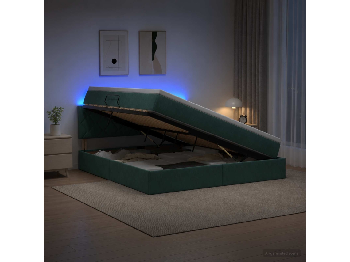 Vidaxl Cama De Armazenamento Led Com Colchão Verde-escuro 140 X 200 Cm