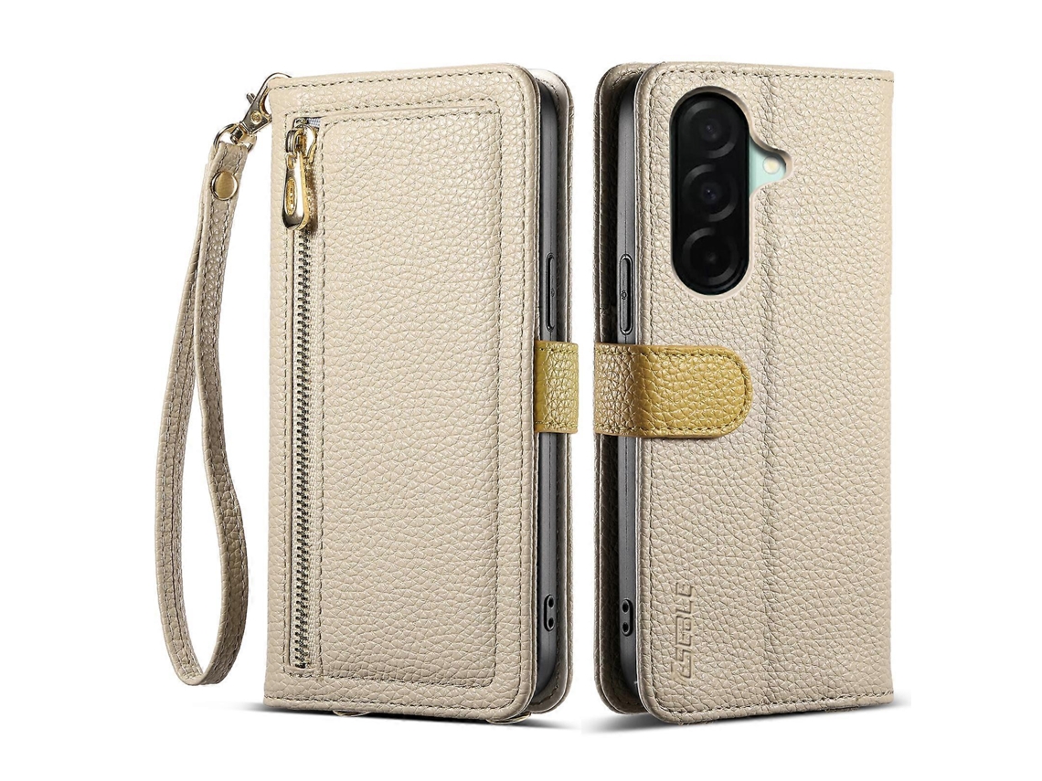 Capa Tkdaddy Eseble E11 Para Samsung Galaxy A36 5g Com Zíper E Bolso, Capa De Couro Com Textura De Lichia, Espelho E Alça De Pulso, Cáqui