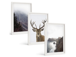 Conjunto De Pinturas Paisagem De Montanha Com Veado Moldura Branca Quadros Para O Escritório Espelharte (3 Piezas De 40x60 Cm)
