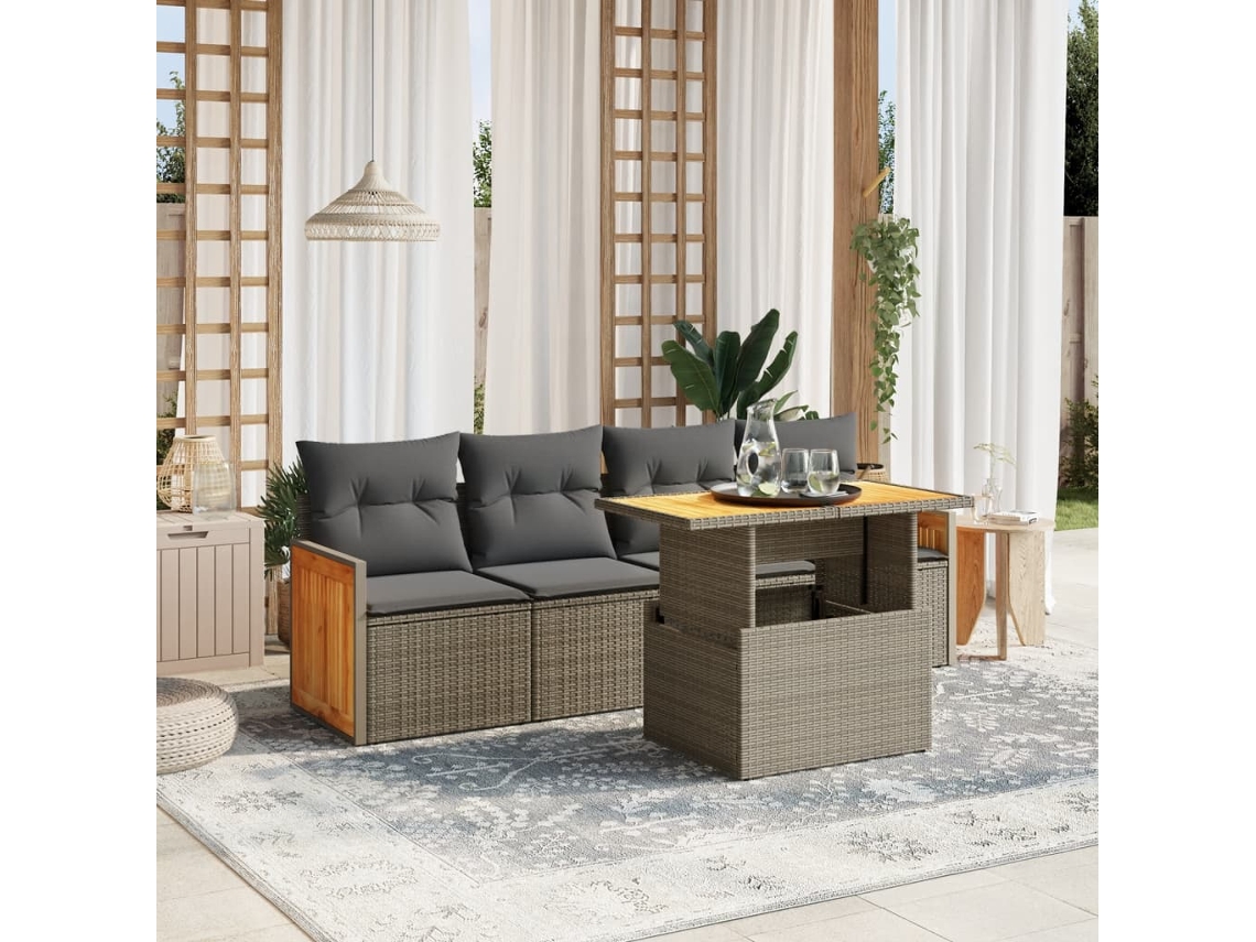 Vidaxl 5 Pcs Conjunto Sofás De Jardim C/ Almofadões Vime Pe Cinzento