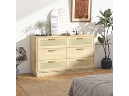 Cômoda Estilo Boêmio Em Rattan Com 6 Gavetas, Armário De Armazenamento Para Sala, Corredor E Entrada, Carvalho