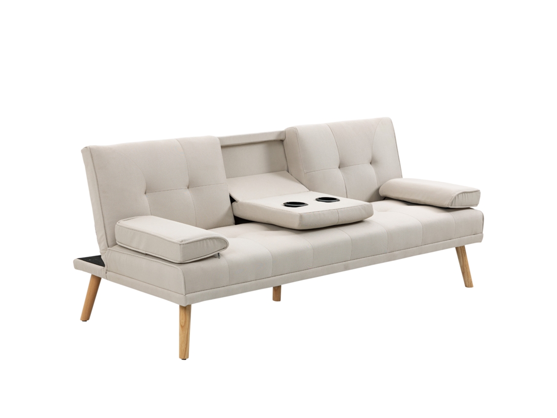 Sofá cama 3l Bege (linho, 3 Níveis, 2 Almofadas, 2 Porta copos)