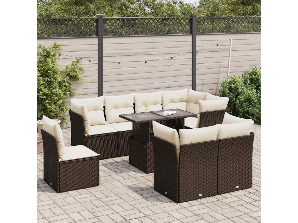 Vidaxl 9 Pcs Conjunto Sofás P/ Jardim C/ Almofadões Vime Pe Castanho