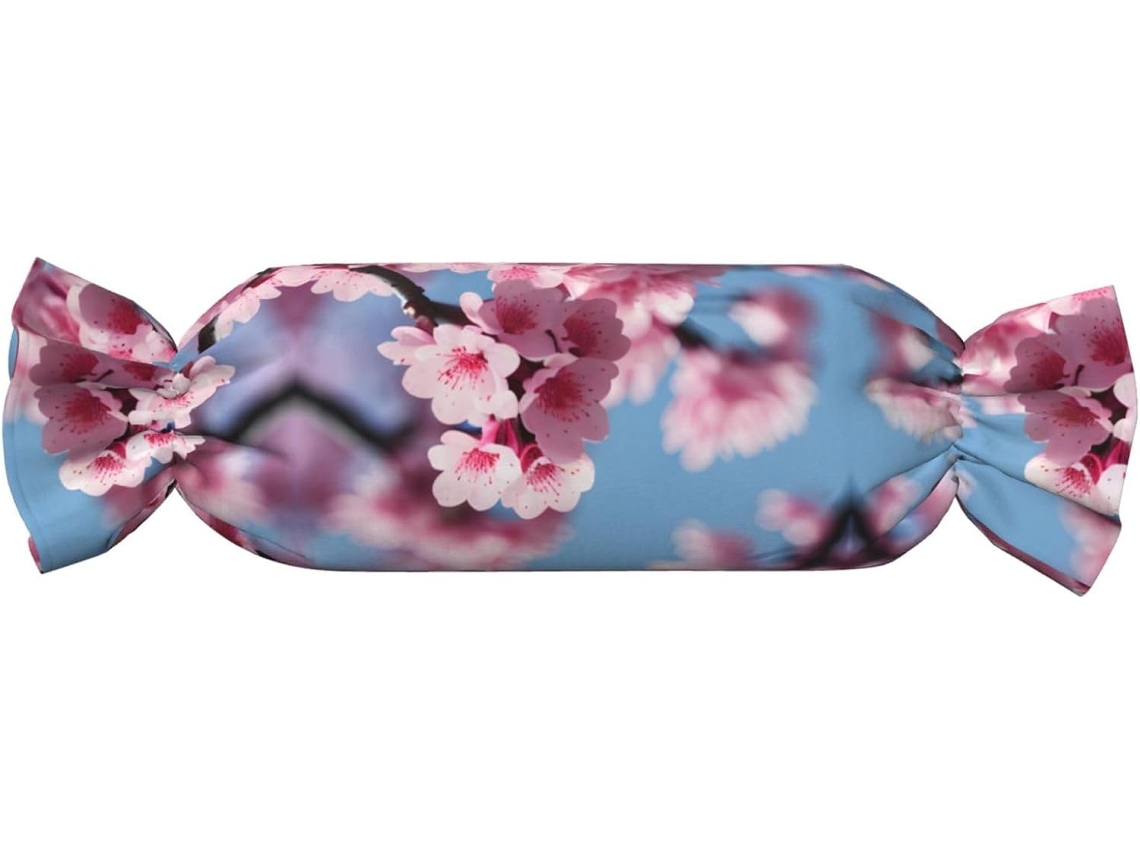 Almofada Cilíndrica Formato de Doce com Estampa Flor Cerejeira 100 % Poliéster Ideal para Viagens, Casa e