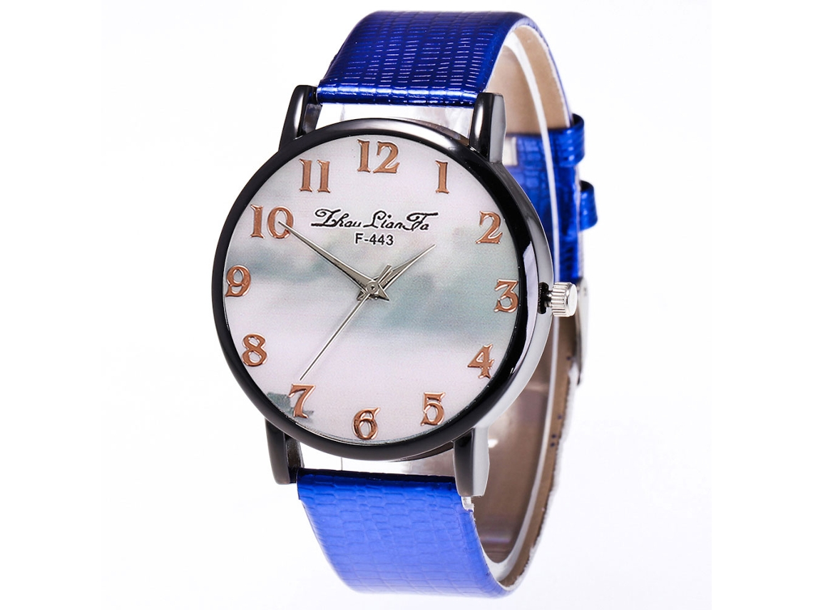Relógio de Pulso Feminino de Quartzo com Pulseira de Couro Pu Estilo Clássico Azul