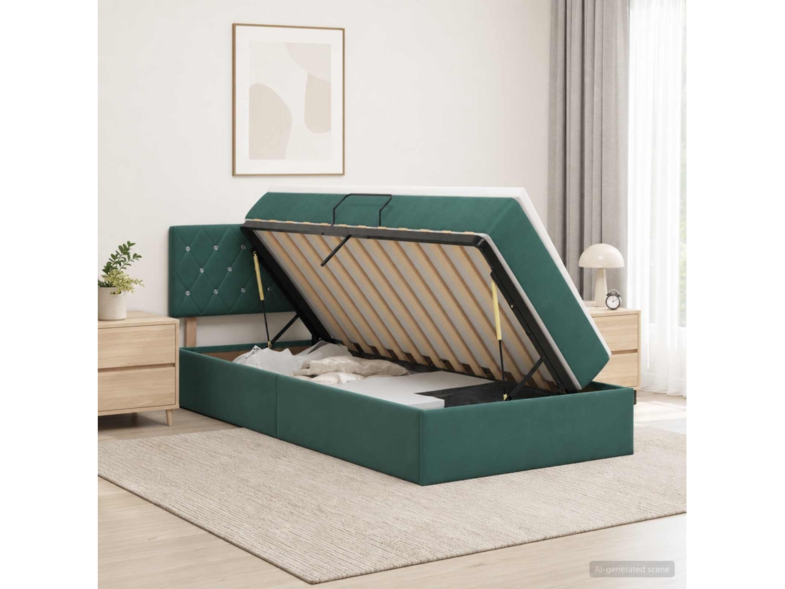 Vidaxl Cama De Armazenamento Led Com Colchão Verde-escuro 90 X 190 Cm