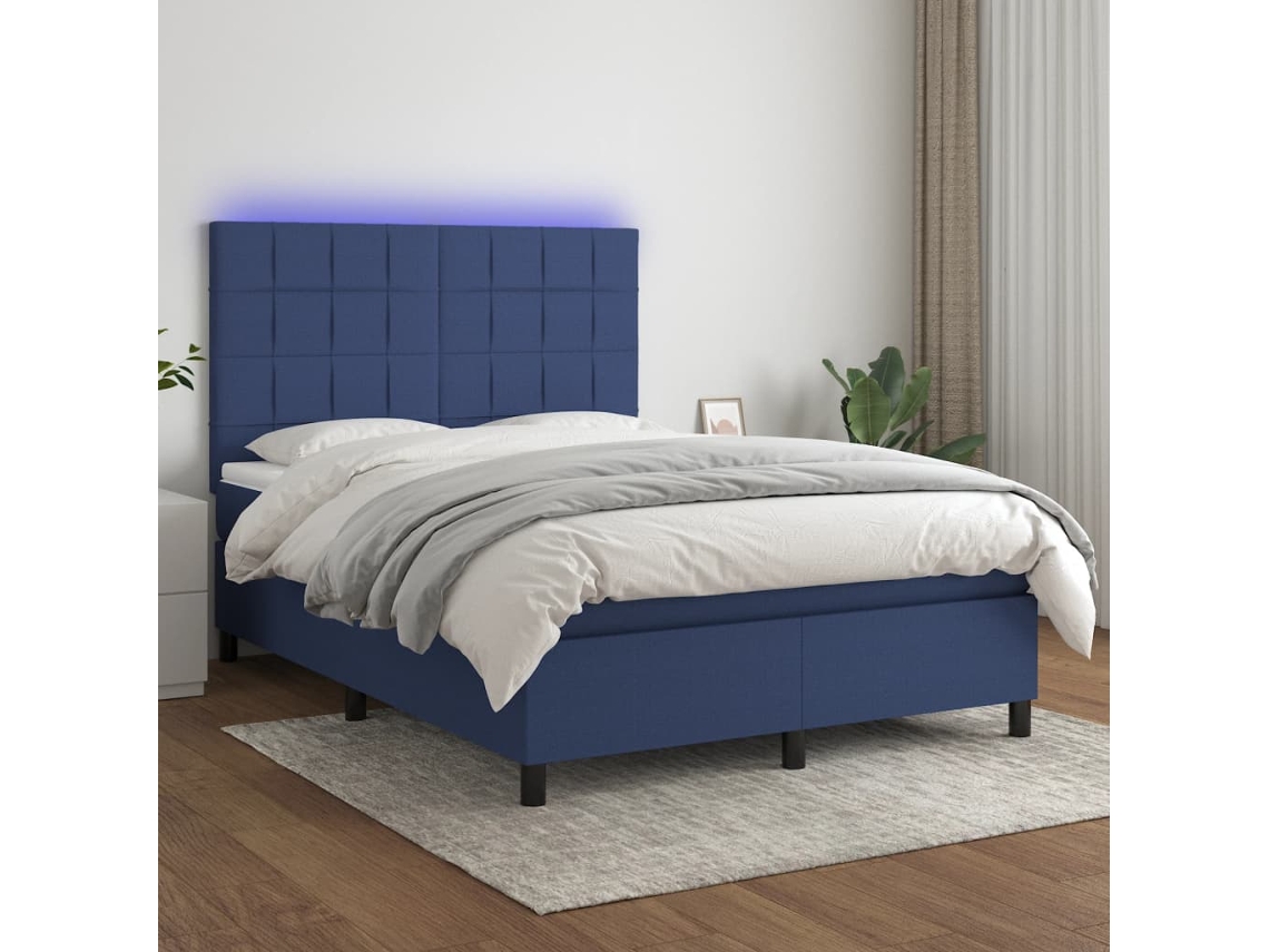 Vidaxl Cama Box Spring C/ Colchão E Led 140x190 Cm Tecido Azul