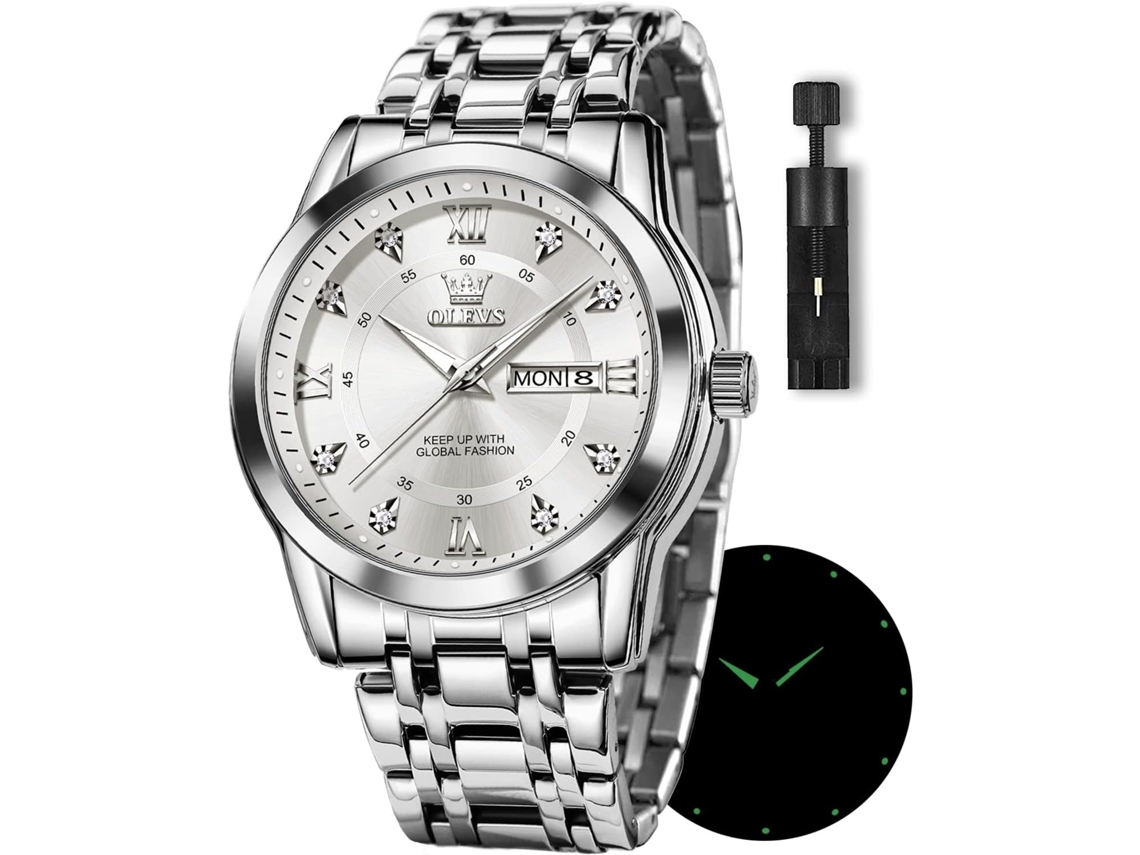 Lurelia Relógio Masculino, Movimento De Quartzo, Luminoso, Detalhes Com Strass, Aço Inoxidável, Abs, Prata