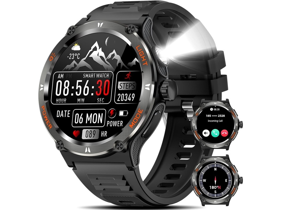 Smartwatch Kt76 Robusto Masculino De 1,53 Polegadas Com Luz Led Forte 3 Modos De Lanterna 500mah - Preto