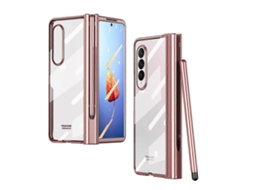 Capa Para Samsung Galaxy Z Fold4 Com Dobradiça E Revestimento Eletroplástico Que Cobre Toda A Estrutura E Possui Compartimento Para Caneta.
