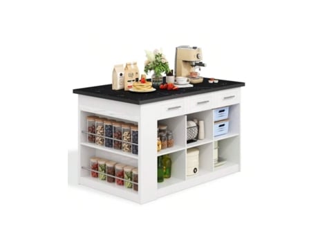 Ilha De Cozinha Multifuncional Com 150 Cm 96 Cm, Mesa De Jantar Extensível Branca, Bancada/mesa De Madeira Marmorizada Preta/branca, Armár Ehstmind
