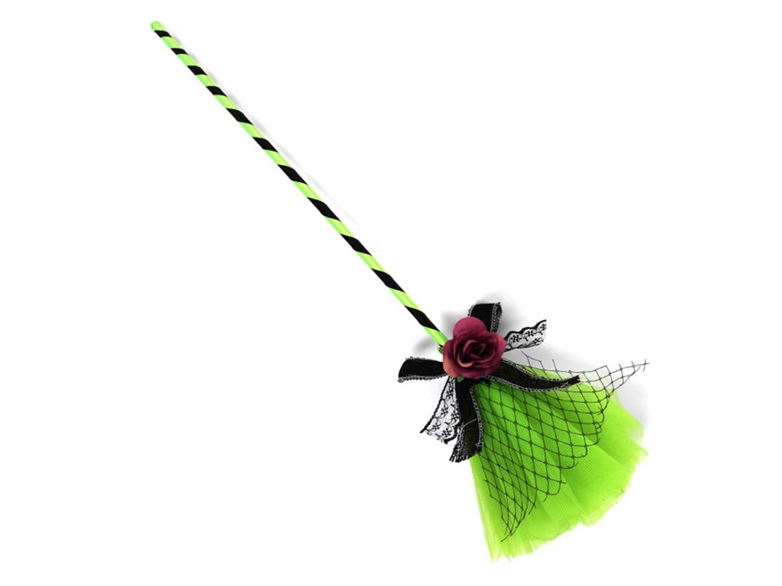 Vassoura de bruxa verde com tule de 40 cm