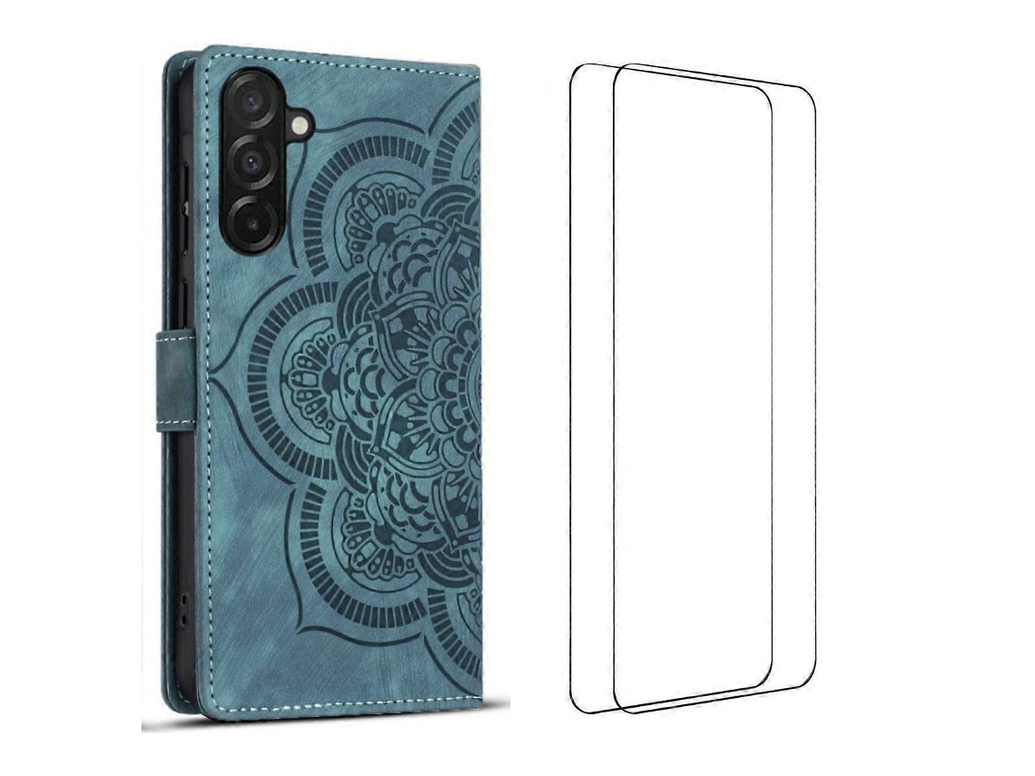 Capa Tkdaddy Para Samsung Galaxy S24 Com 2 Peças De Vidro Temperado Wanlonfeng Mtl Series Mandala Couro Capa De Celular Azul