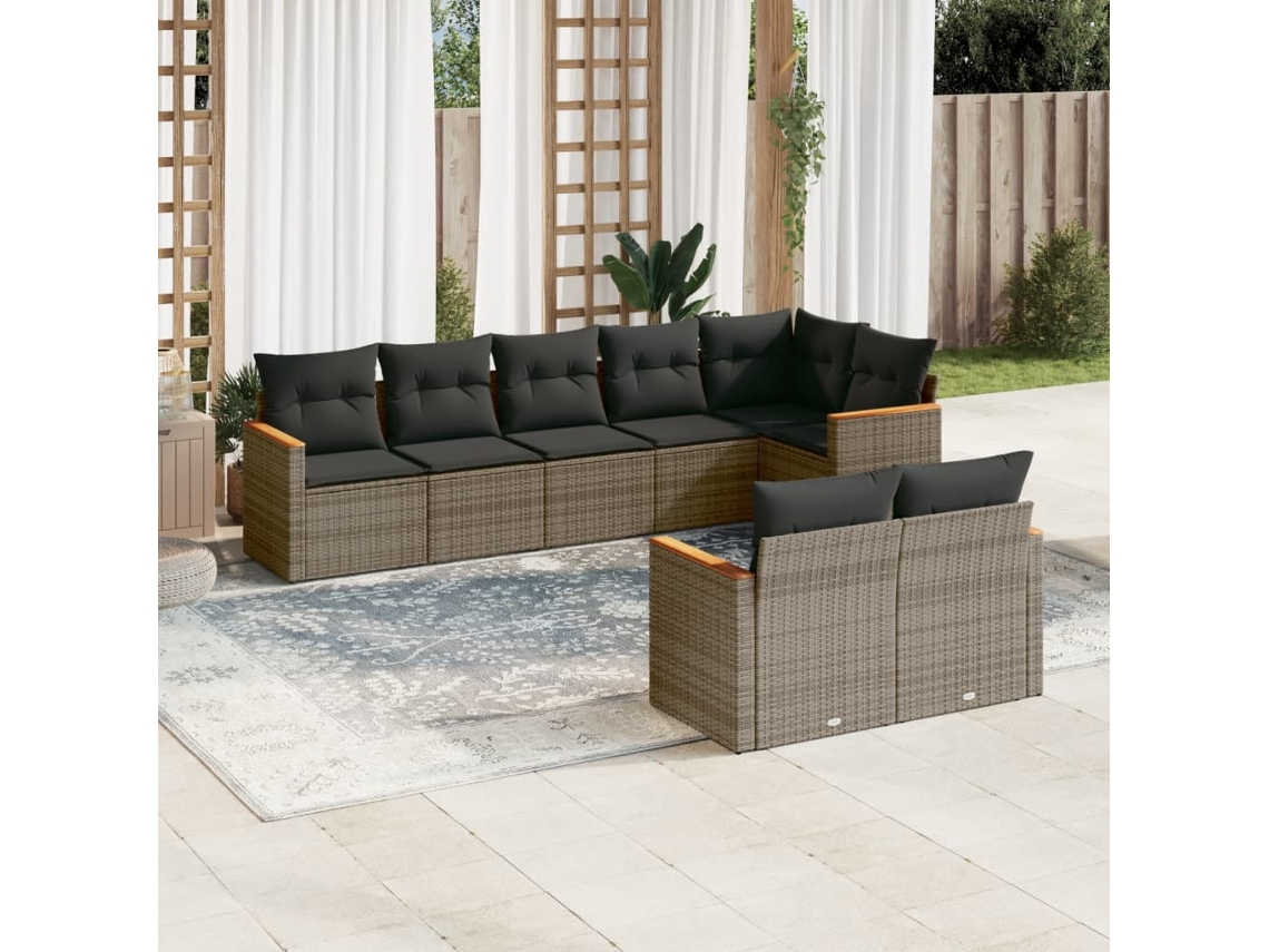Vidaxl 8 Pcs Conjunto Sofás De Jardim C/ Almofadões Vime Pe Cinzento