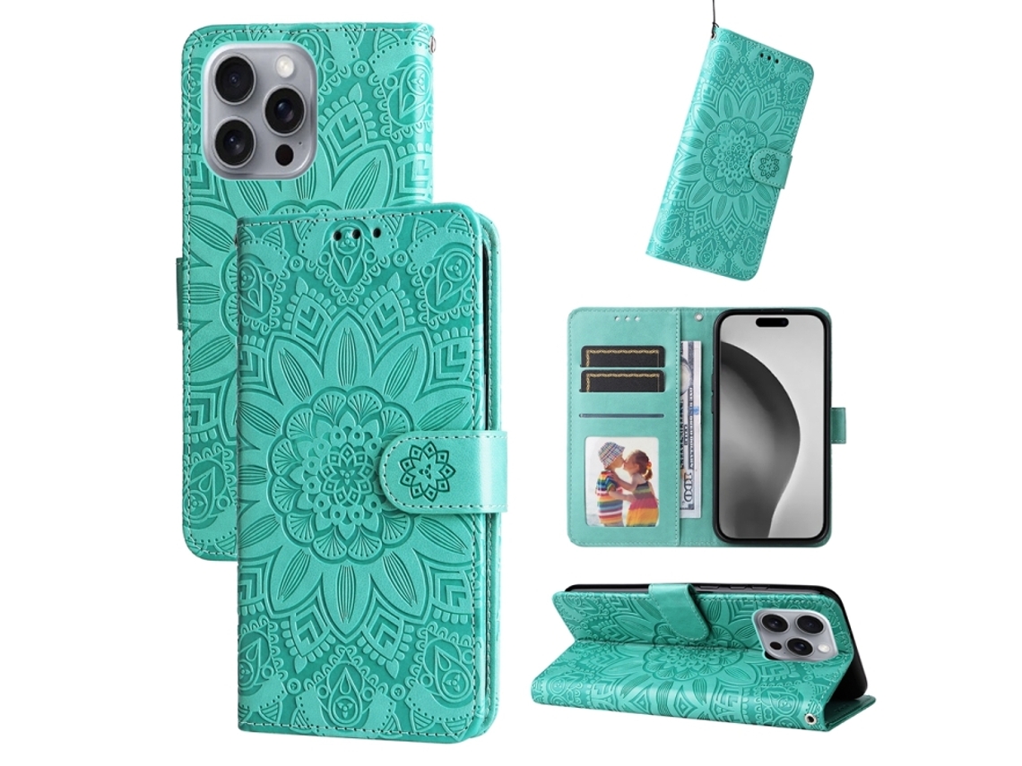 Capa De Couro Para Iphone 16 Pro Max - Estampa De Girassol Em Relevo