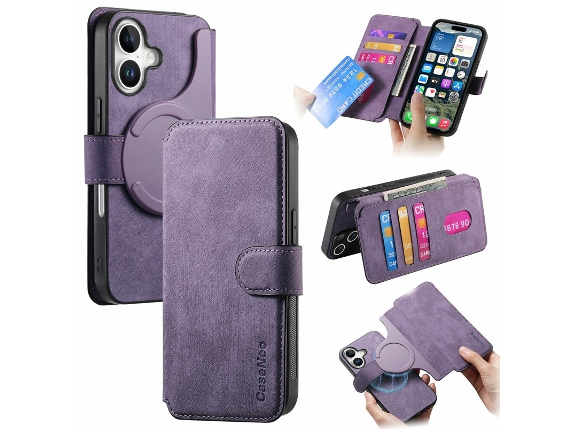 Capa Carteira Caseneo Mw-03 Para Iphone 17 Com Revestimento Removível Em Couro Sintético - Roxa
