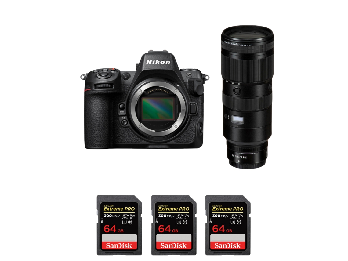 Z8 + Z 70 200mm F/2.8 Vr S + 3 Sandisk 64gb Uhs ii 300mb/s Máquina Fotográfica Híbrida Full frame + Ebook Pricedirect NIKON