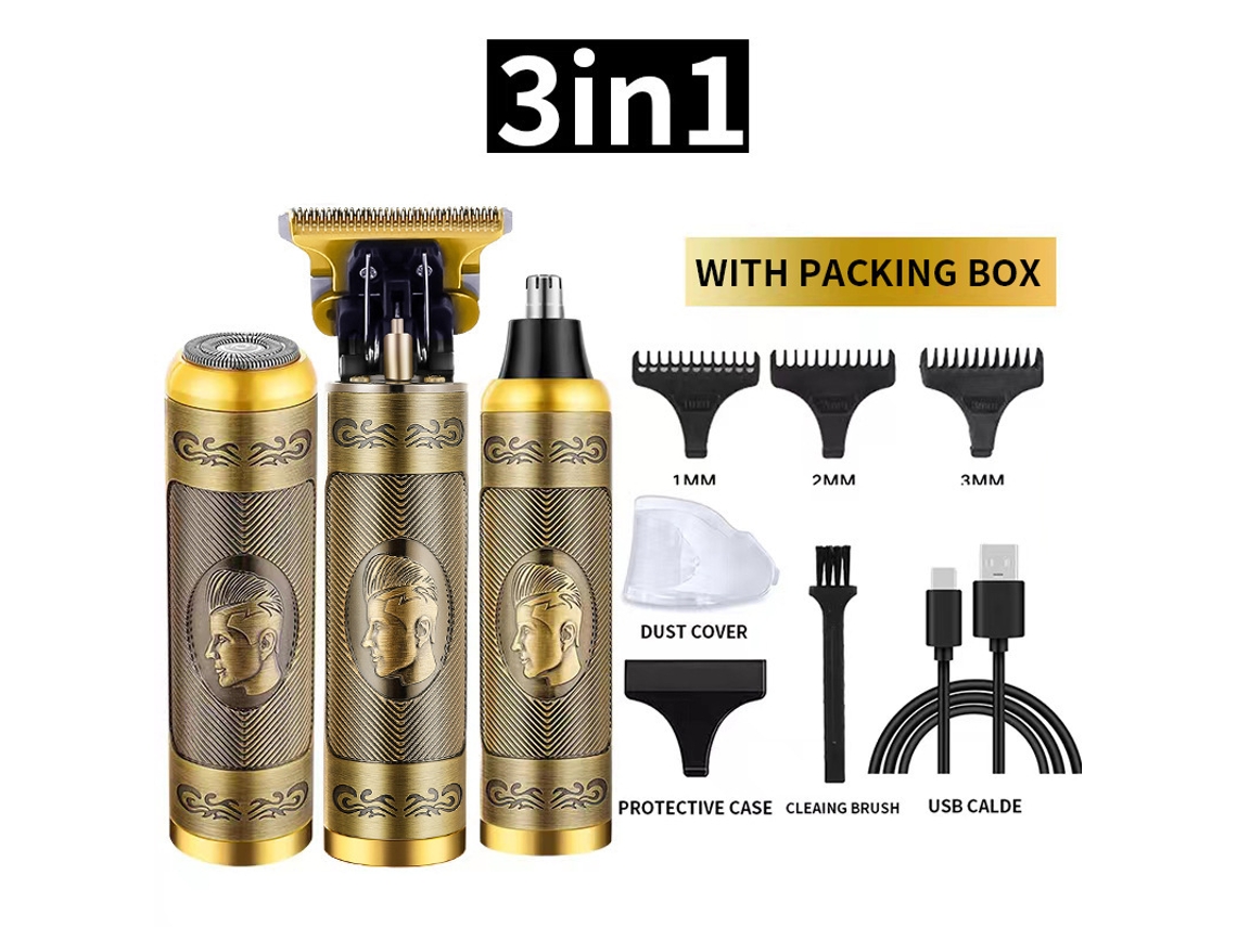 Aparador De Barba 3 Em 1 (design Masculino Em Relevo) — Kit Profissional Recarregável Via Usb Com 3 Pentes-guia