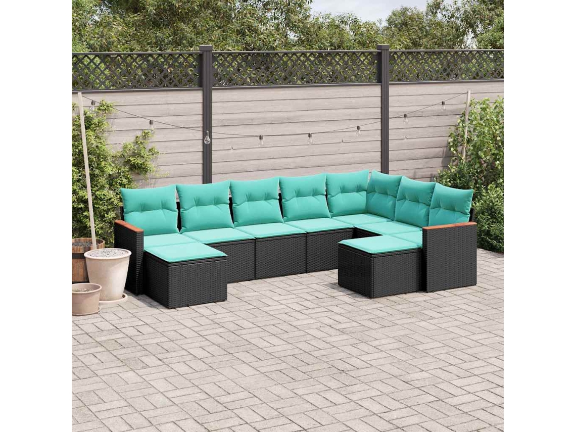 Vidaxl Conjunto De Sofá De Jardim De 9 Peças Com Almofadas Em Rattan Sintético Preto