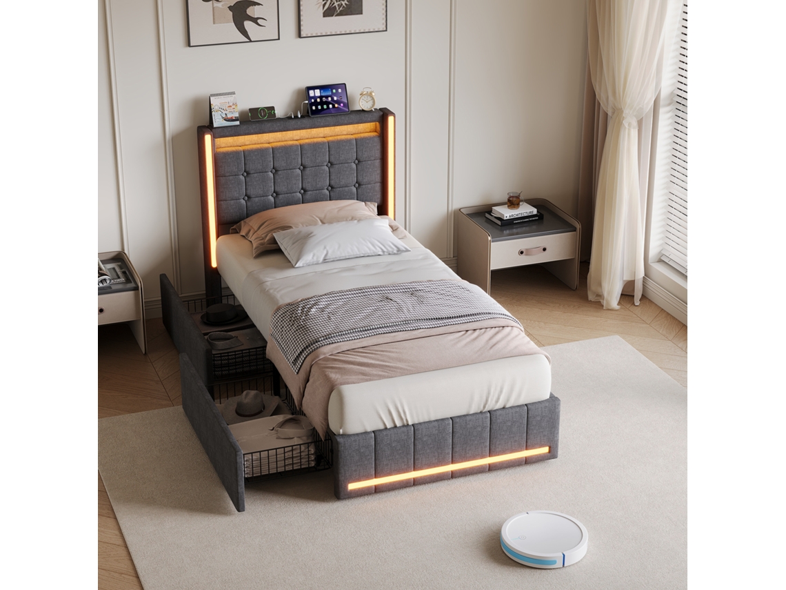 Cama De Solteiro 90x200 Em Tecido Linho Com Led Rgb, Cabeceira Acolchoada Com Usb E Usb-c, Cama Com 2 Gavetas De Arrumação, Cinza
