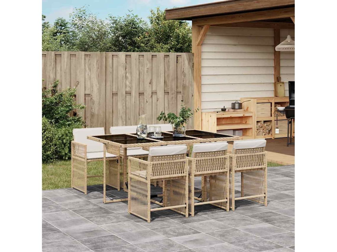Vidaxl 7 Pcs Conjunto De Jantar P/ Jardim Com Almofadões Vime Pe Bege