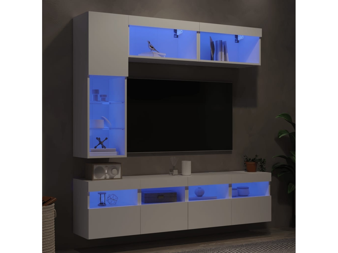 Vidaxl 7 Pcs Conjunto De Móveis De Parede Para Tv Com Luzes Led Branco