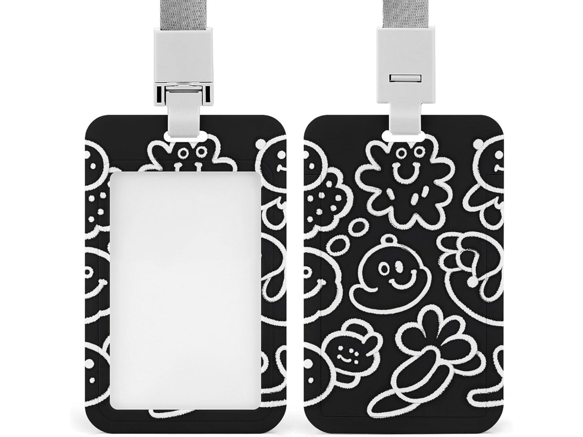 Clipe Crachá, Porta Crachá Fofo Em Preto E Branco Com Sorriso Torto Cordão, Porta Cartão De Identificação, Porta
