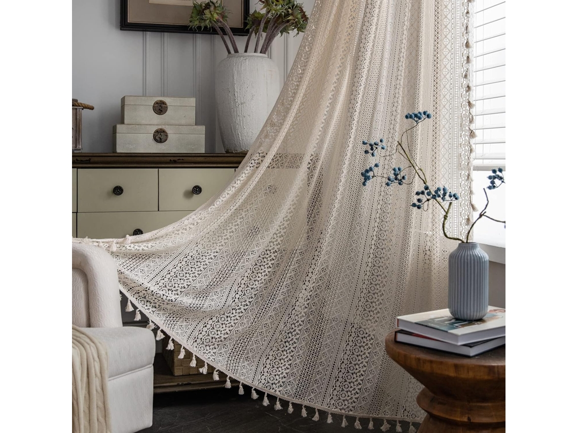 1 Cortina De Renda Em Crochet Estilo Boho, Feita À Mão Com Trama Aberta E Borlas, Modelo Com Passa-varão, 150 X 130 Cm.