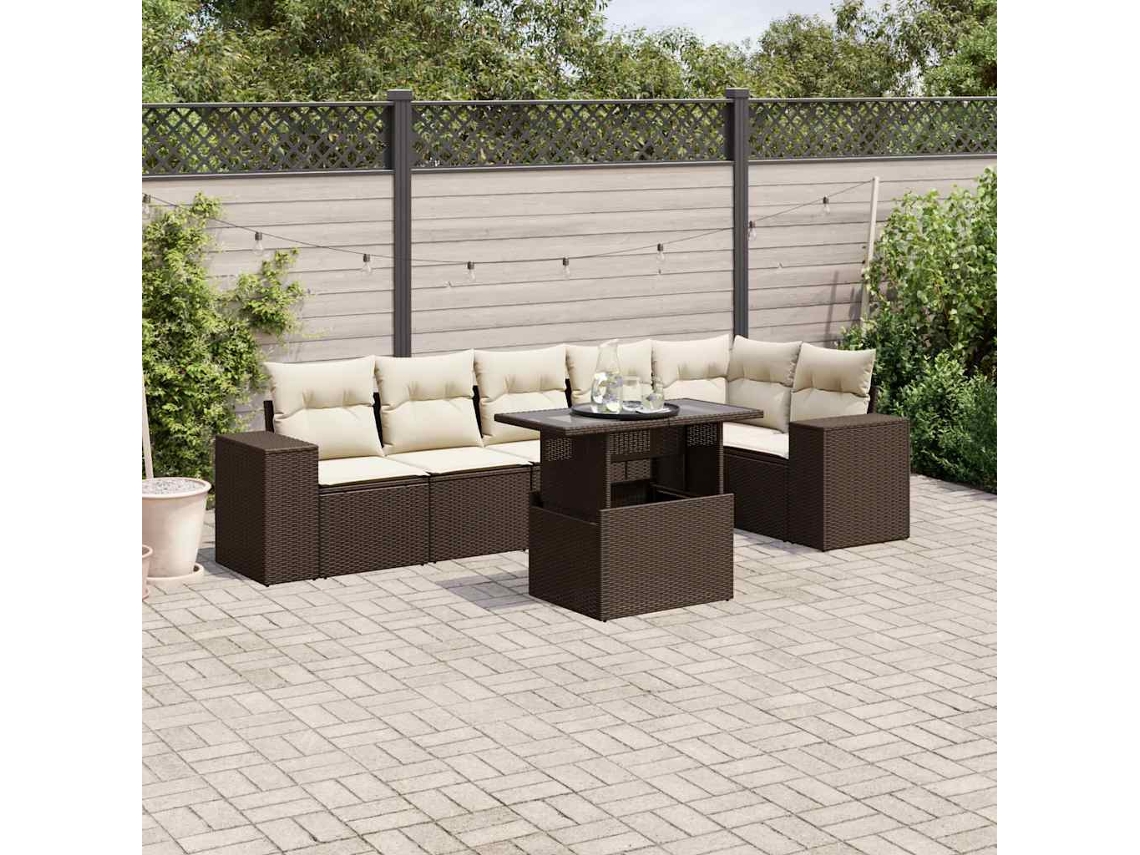 Vidaxl 7 Pcs Conjunto De Sofás Jardim C/ Almofadões Vime Pe Castanho