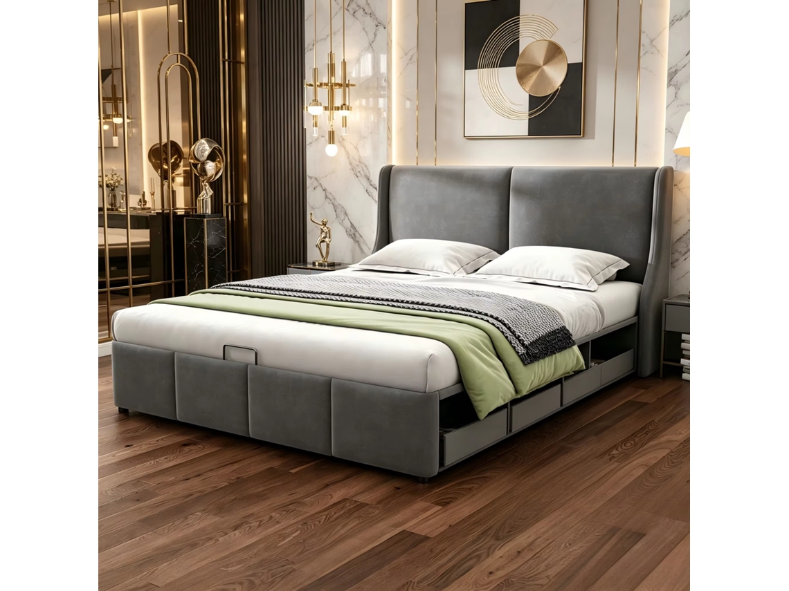 Terciopelo Tapizado Cama Doble 140x190cm Con Espacio De Almacenamiento Hidráulico, Cama Acolchada Con Cajón Y Cabecero Suave