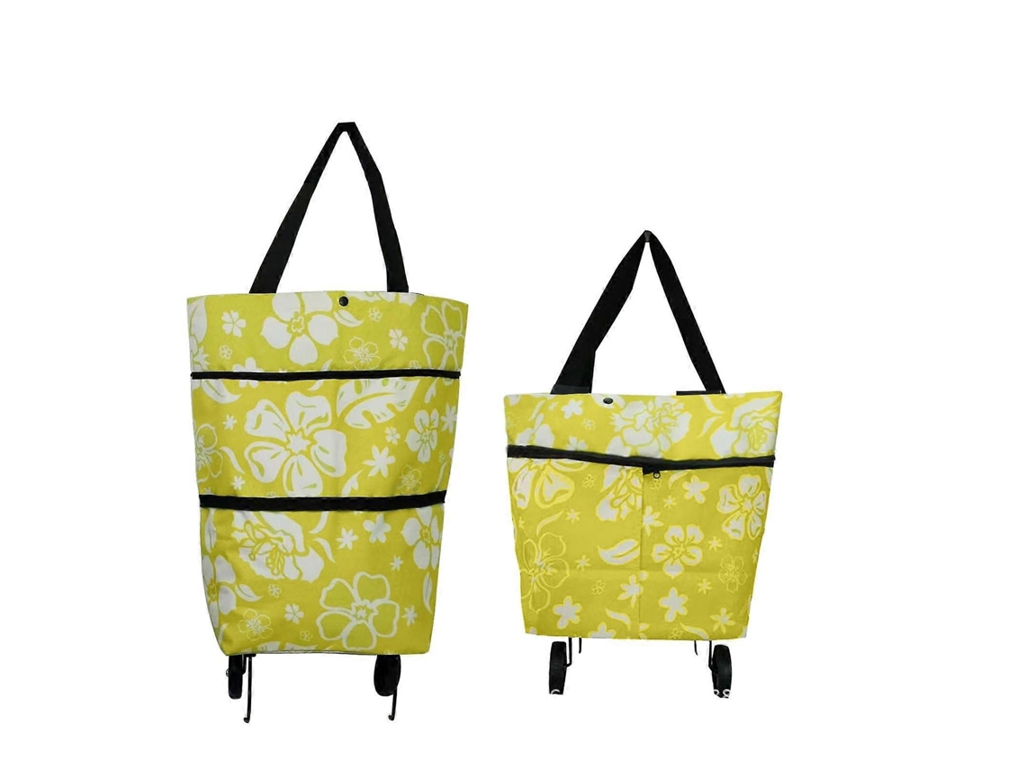 Sacola de Compras com Rodinhas Que Deslizam Suavemente, Sacola Grande Dobrável para Compras, Estampa Floral Amarela e Verde. GOKOCO
