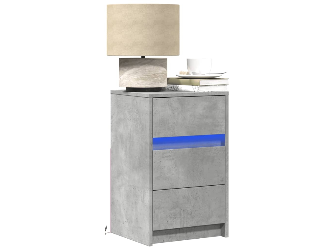 Vidaxl Mesa De Cabeceira C/ Luzes Led Derivados Madeira Cinza Cimento
