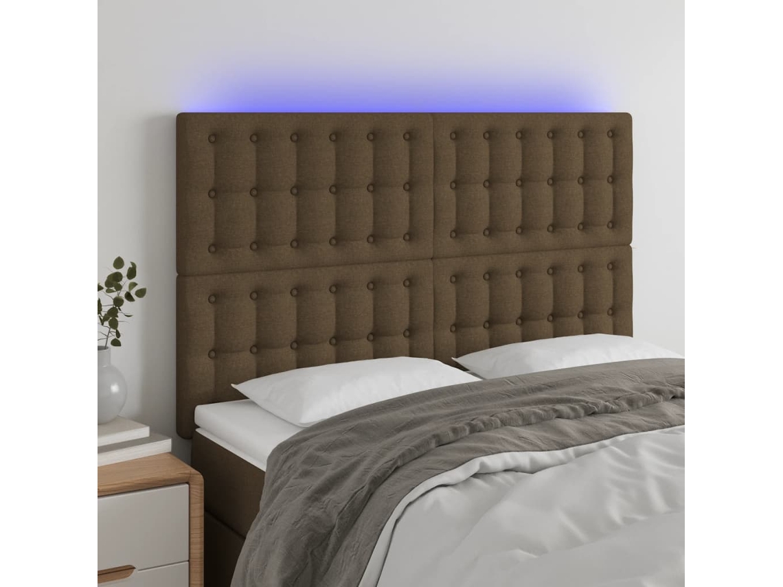 Cabecero con luces LED, tela marrón, 144x5x118/128cm