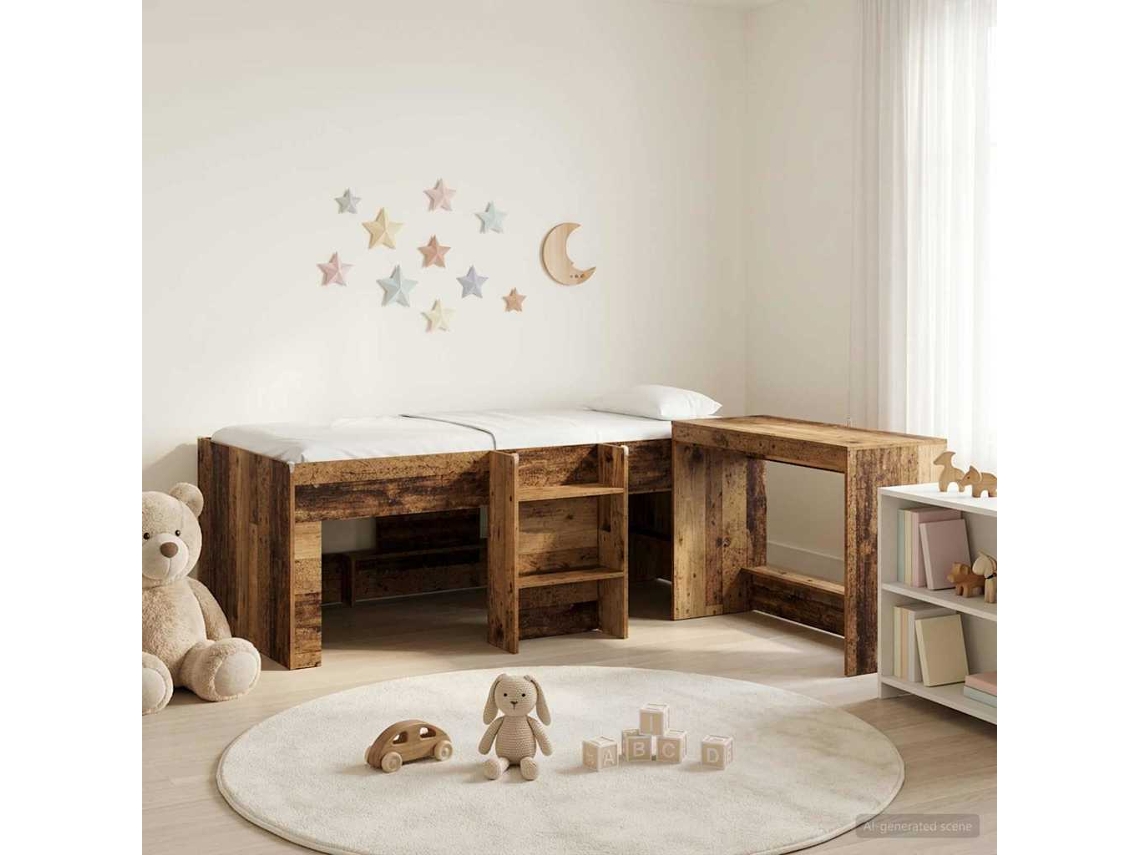 Vidaxl Cama Alta Para Crianças Com Mesa 2 Unid. Madeira Antiga