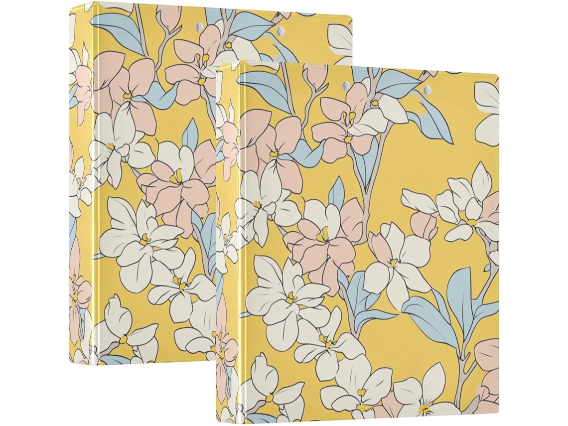 Pasta Escolar Simple Line Flower 1 2-polegadas, 3-argolas Com Bolsos Internos, Pacote Com 1 2-unidades Sortidas