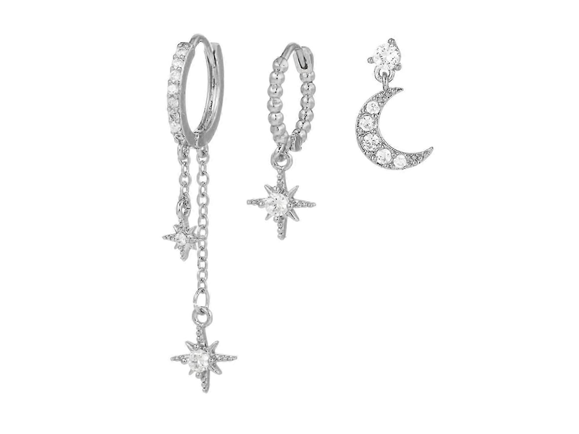 Conjunto De 3 Pares De Brincos Lua E Estrela, Prateados Com Strass, Para Mulheres