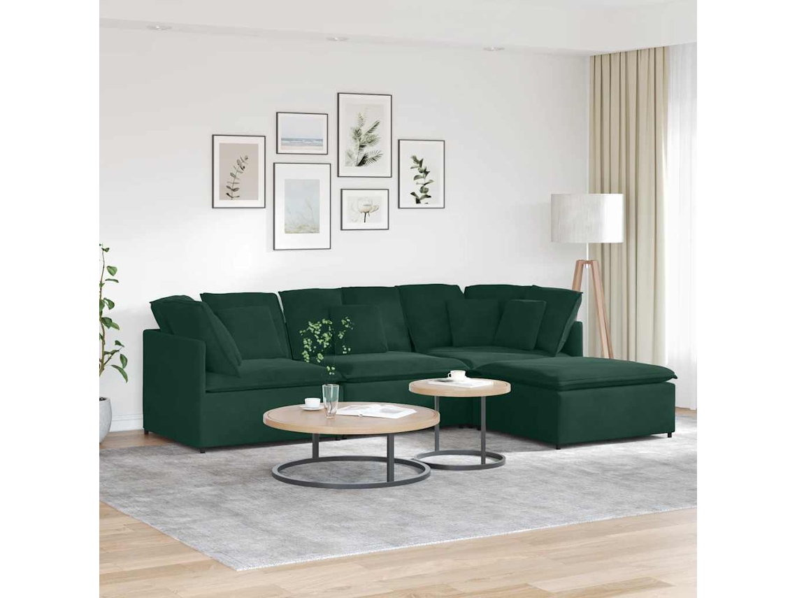 Vidaxl Sofá Modular Com Pufes E Almofadas Veludo Verde-escuro