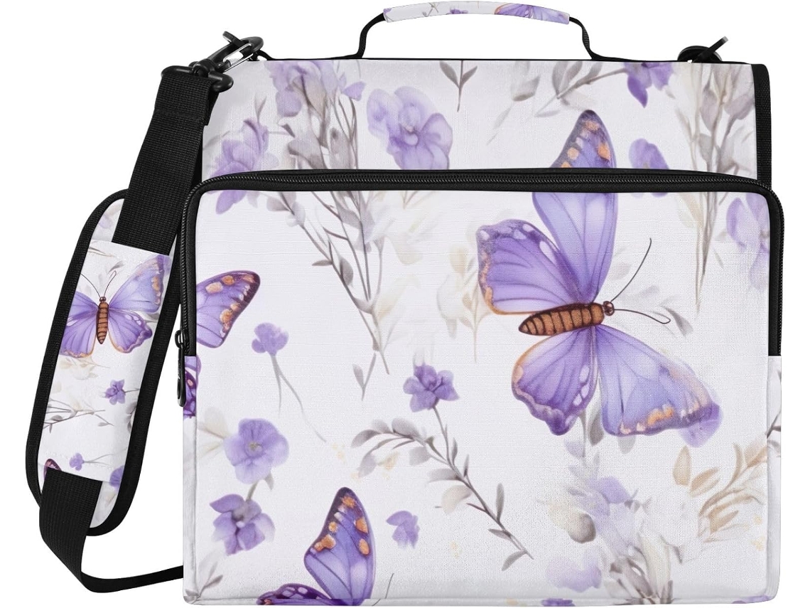 Pasta organizadora Roxa em formato borboleta com zíper e compartimento para laptop, resistente à água, ideal para laptops.