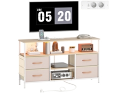 Rack de TV PRIME KANG, com luz LED, tomadas, portas USB, 4 gavetas, tecido, para TVs até 50 polegadas, 120x30x67,5cm, bege e madeira