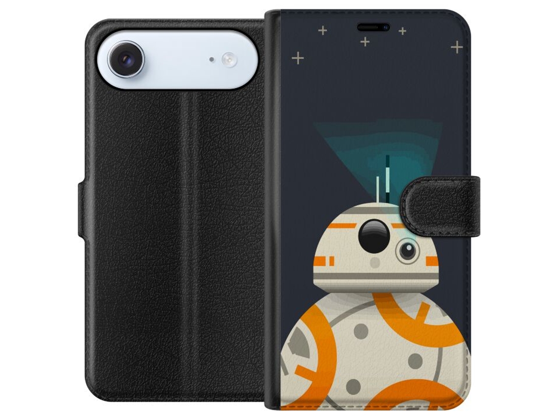 Capa Carteira Compatível Com Apple Iphone Air. Ilustração Simples De Um Robô Redondo Em Branco E Laranja Com Holofote Contra Um Fundo Escuro.