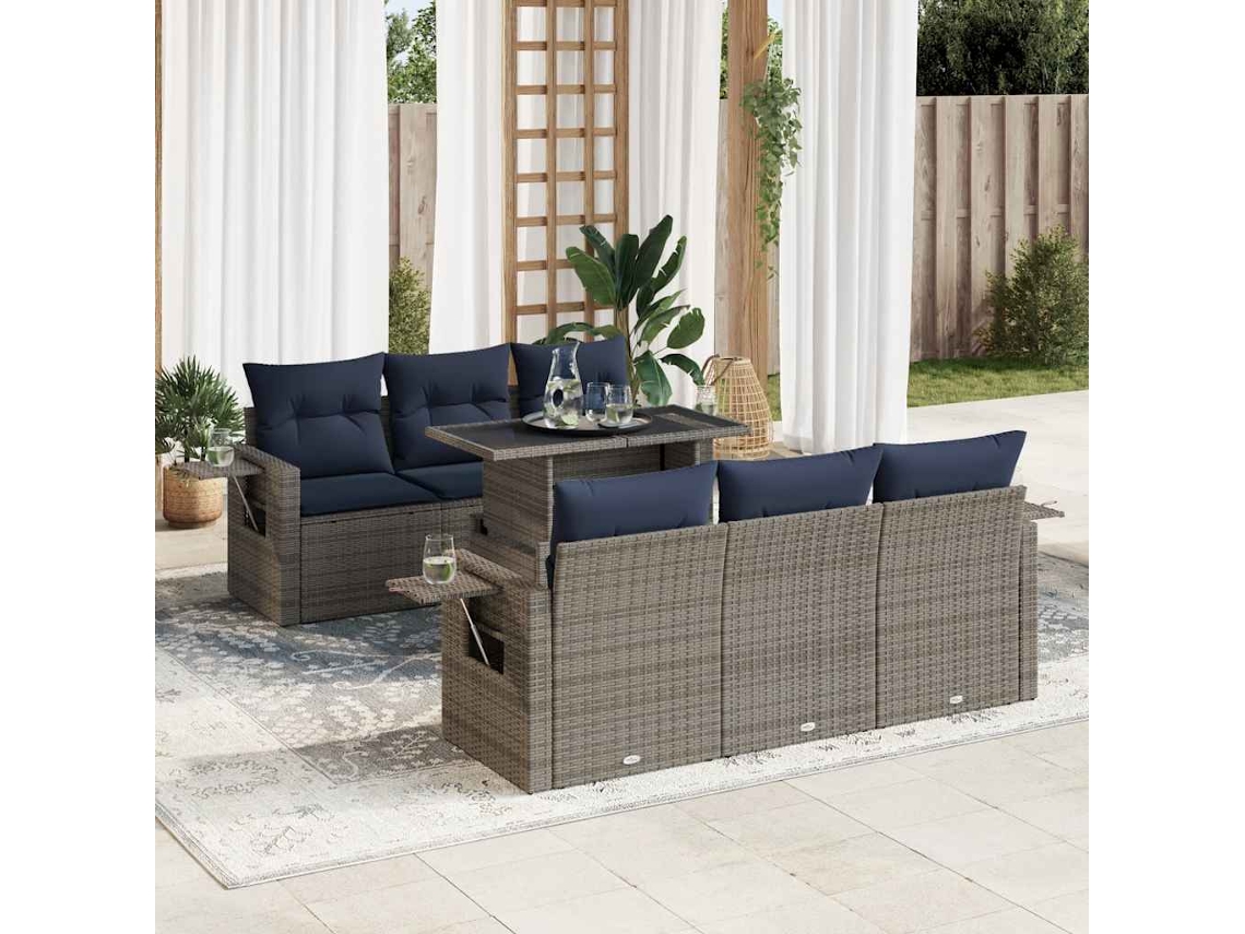 Vidaxl 7 Pcs Conjunto Sofás Jardim C/ Almofadões Vime Pe/acácia Cinzento