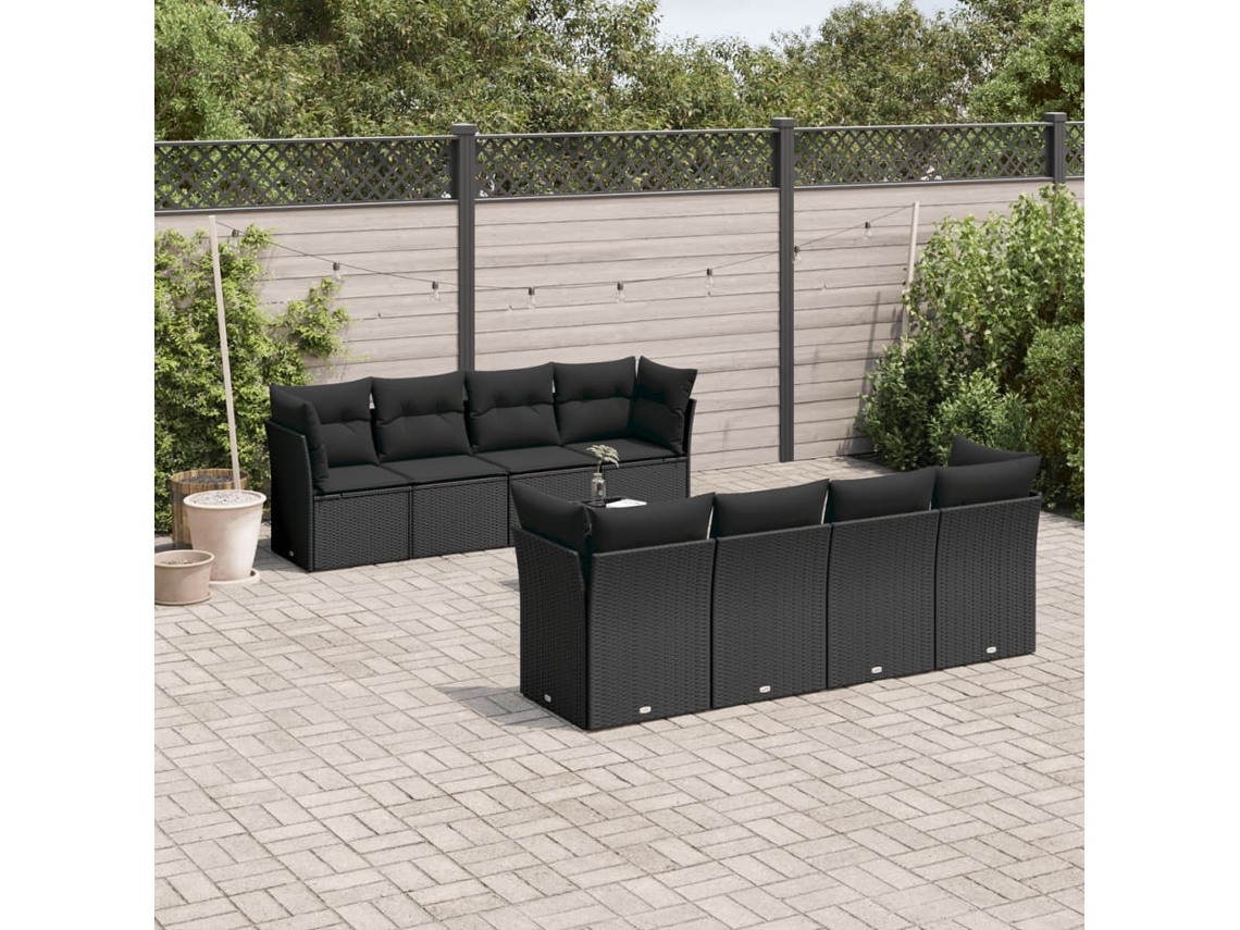 Vidaxl 9 Pcs Conjunto De Sofás P/ Jardim C/ Almofadões Vime Pe Preto